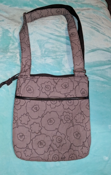 Thirty One floral crossbody bag / purse - gray and black - pink embroidered K - Picture 2 of 6